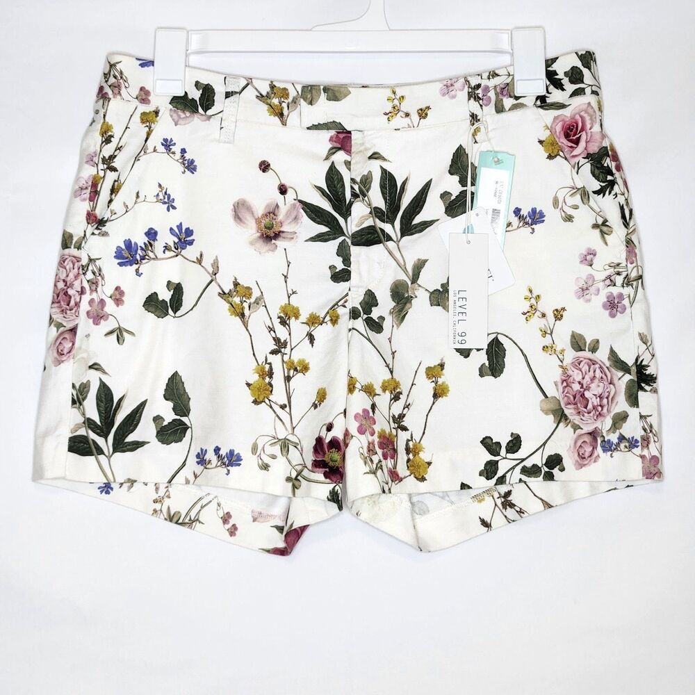 Level 99 Cindie Linen Blend Ivory Floral Chino Shorts Women's 33(16) Cottagecore